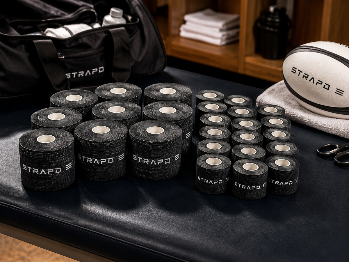 Black STRAPD EAB and Zinc Oxide sports tape rolls in a sports changing-room setting