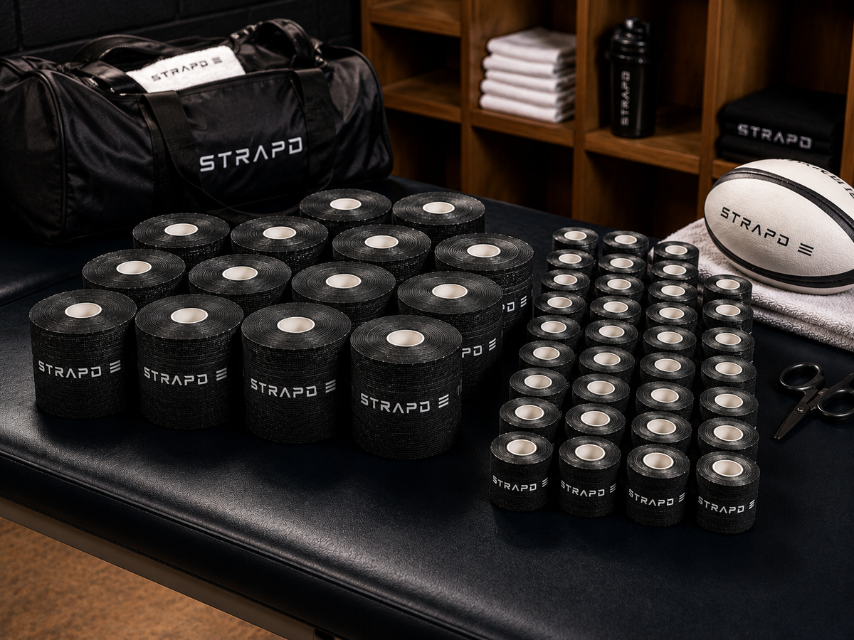 Black STRAPD EAB and Zinc Oxide sports tape rolls in a sports changing-room setting